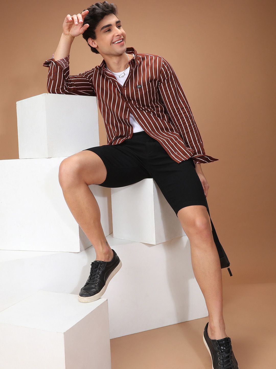 The Indian Garage Co Men Brown & White Slim Fit Striped Casual Shirt