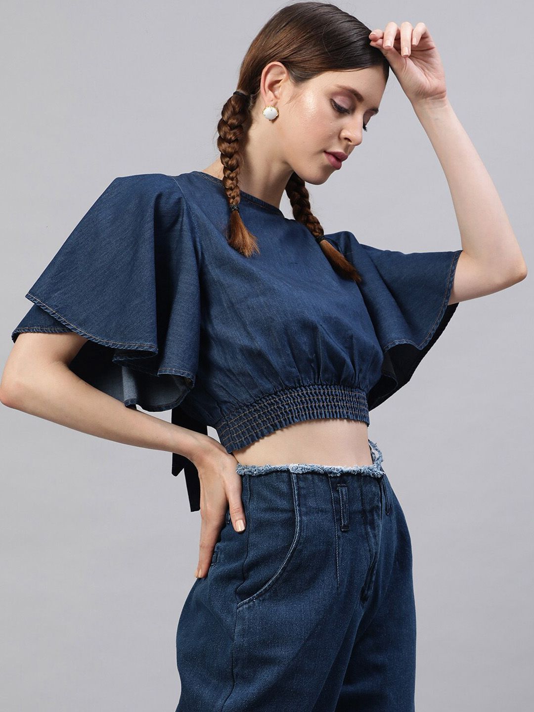 STREET 9 Navy Blue Flared Sleeves Indigo Pure Cotton Denim Smocked Styled Back Crop Top