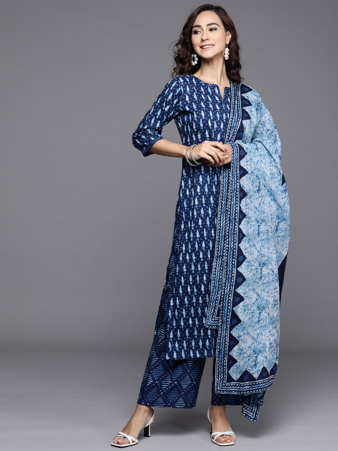 Libas Women Blue Printed Pure Cotton Kurta with Palazzos & Dupatta