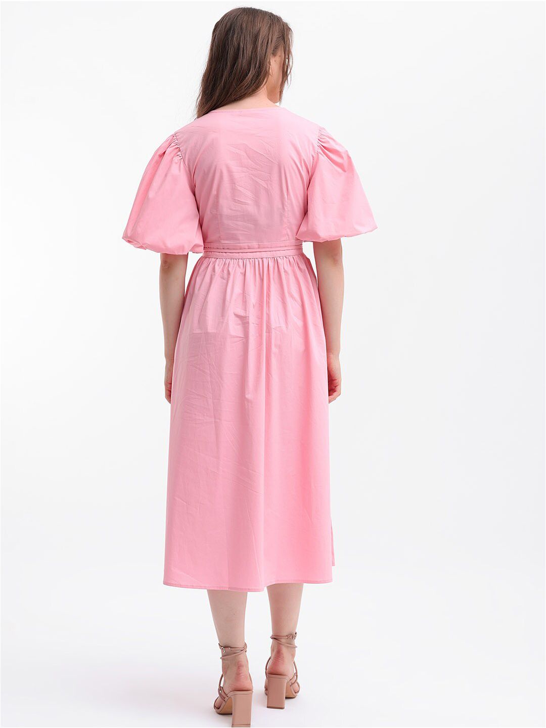 Rareism Puff Sleeve Midi Wrap Dress