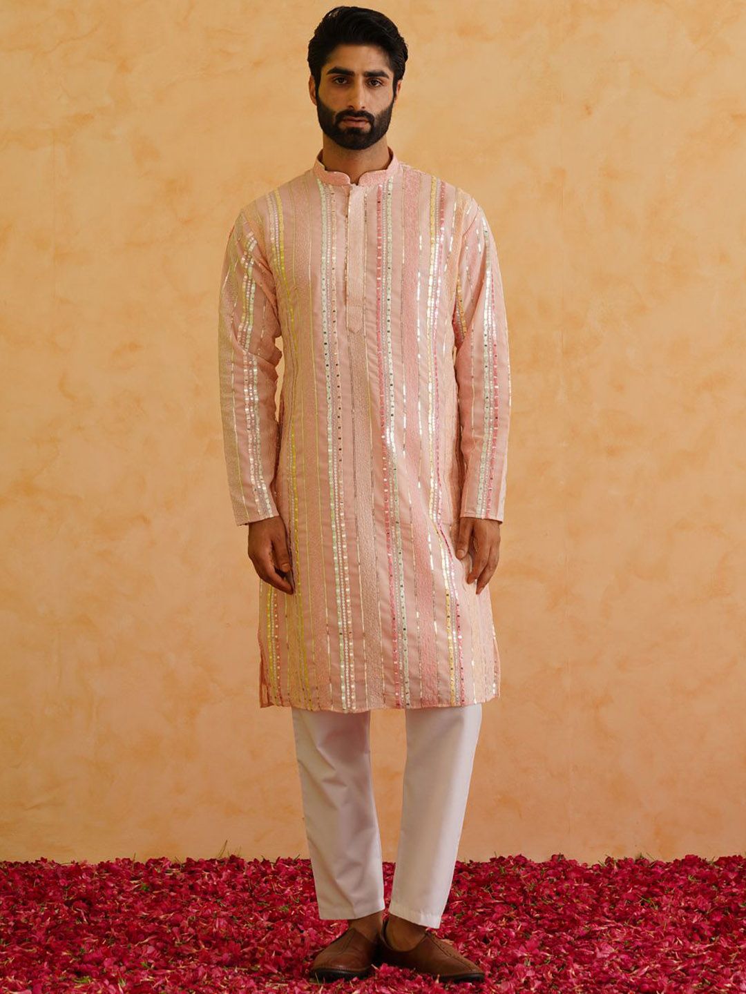 SOJANYA LUXE Mandarin Collar Embroidered Regular Kurta with Pyjamas