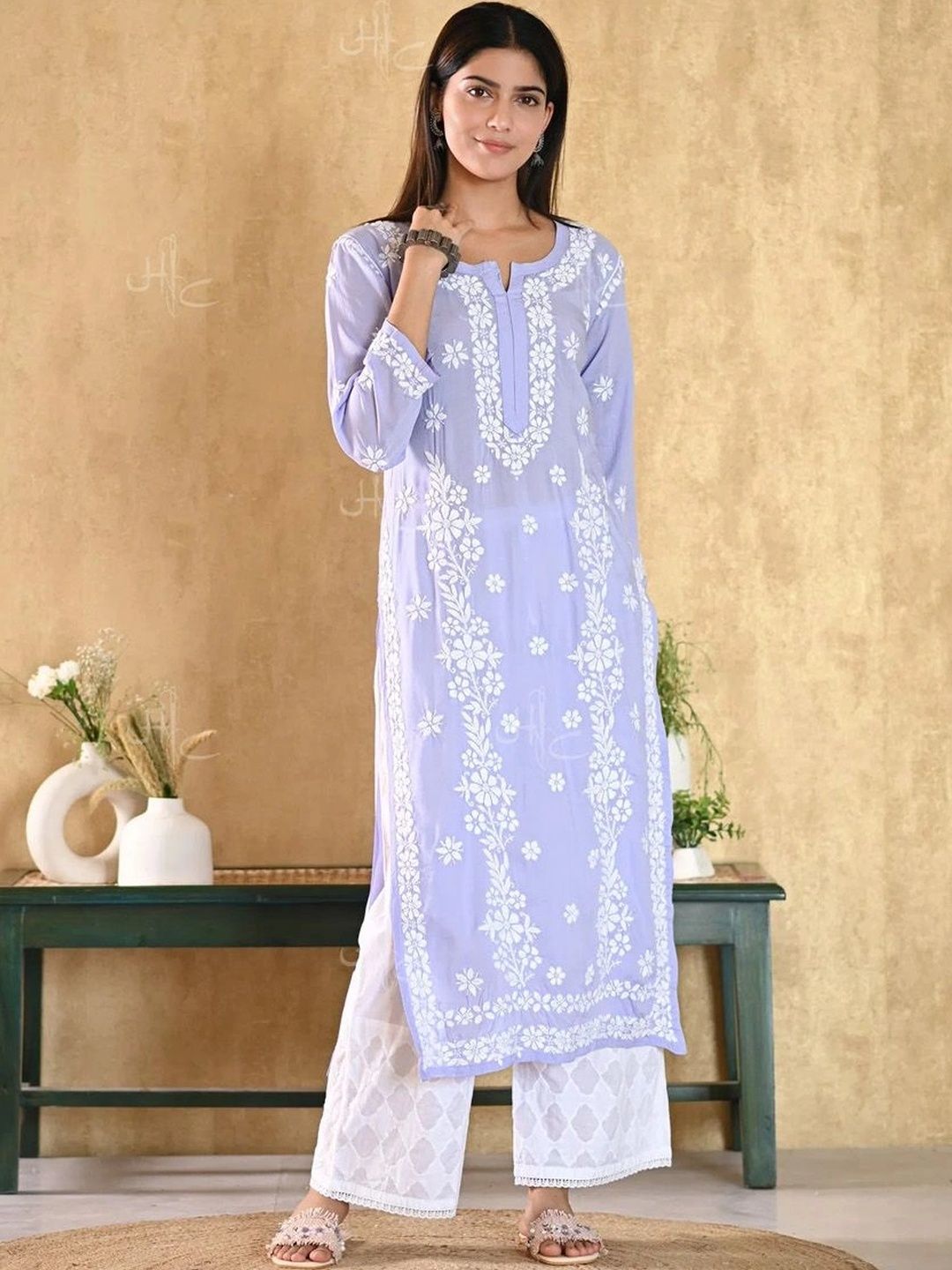 Rumah Wanita Chikankari Kurta Sulam Bunga
