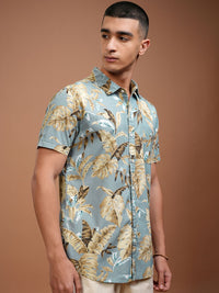 HIGHLANDER Men Blue Slim Fit Tropical Cotton Printed Casual Shirt