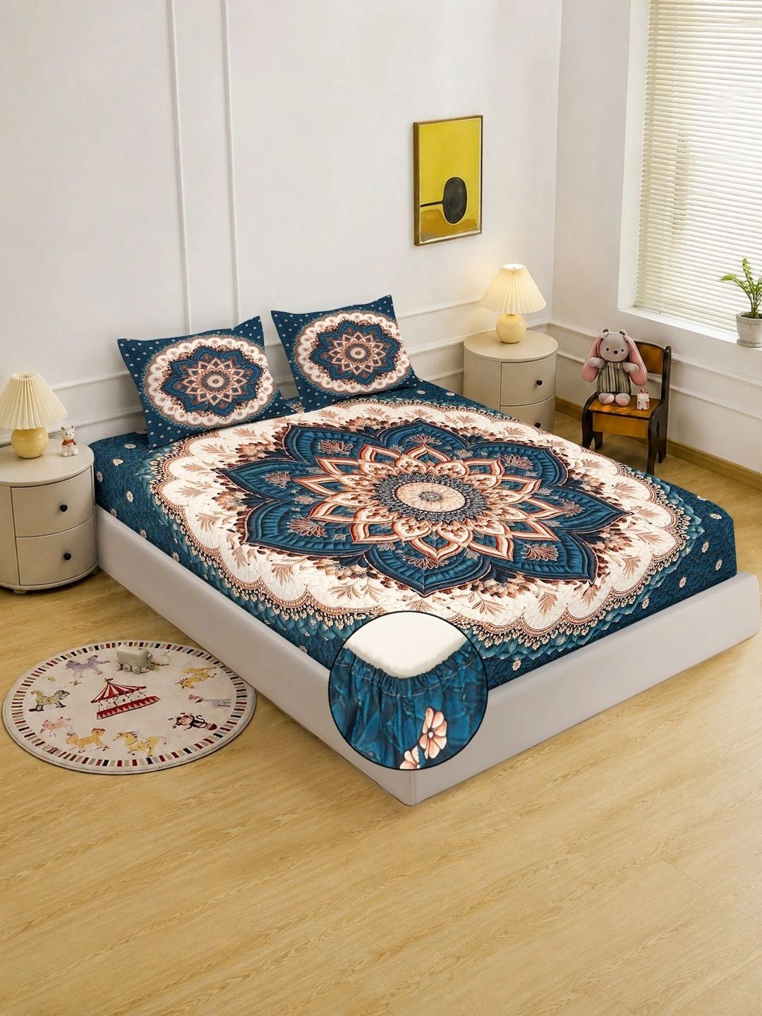 Myntra Elegant Homes Blue Floral 400 TC King Bedsheet with 2 Pillow Covers