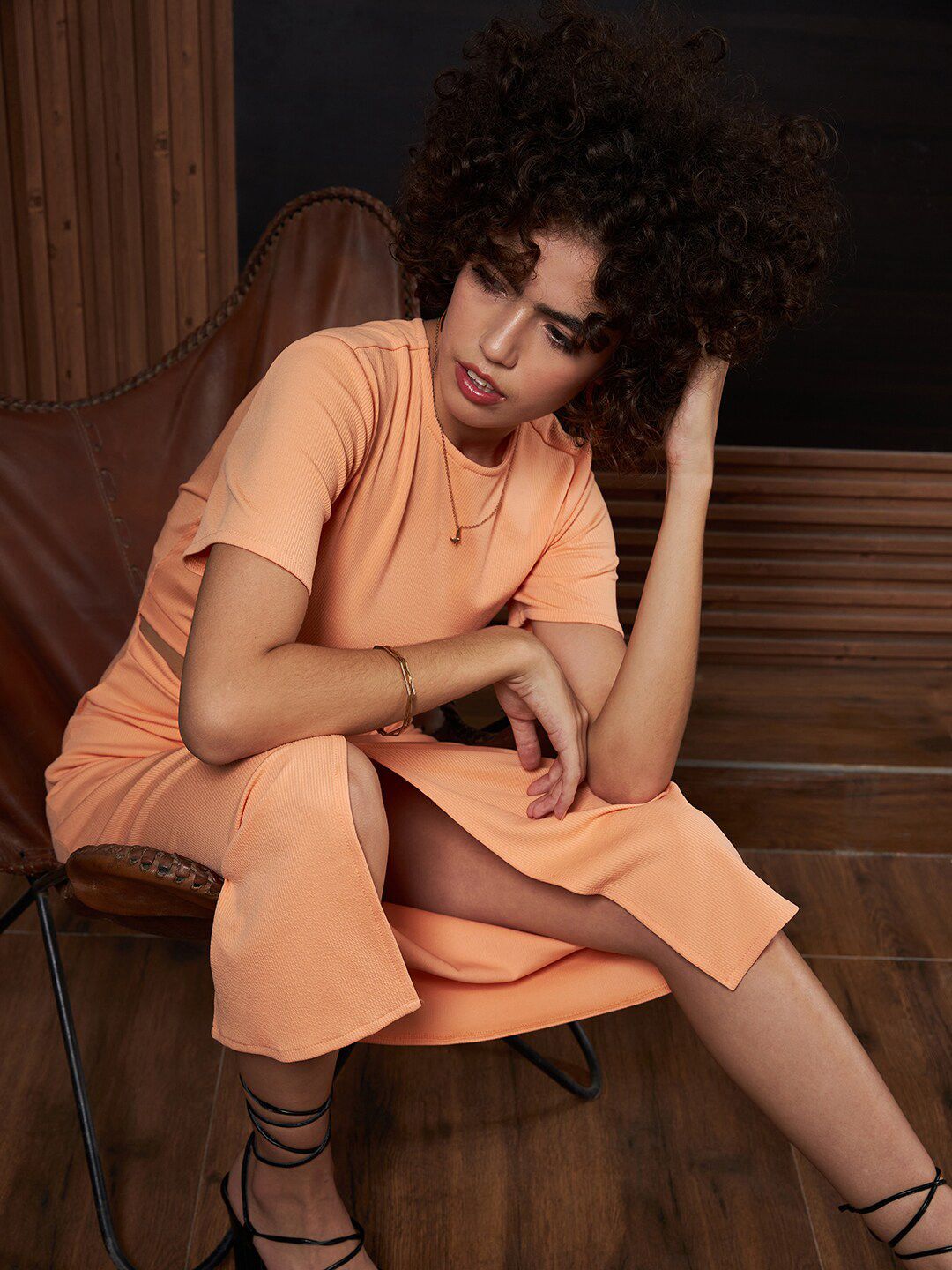 Athena Peach-Coloured Round Neck Short Sleeves Cut-Outs Sheath Midi Dress