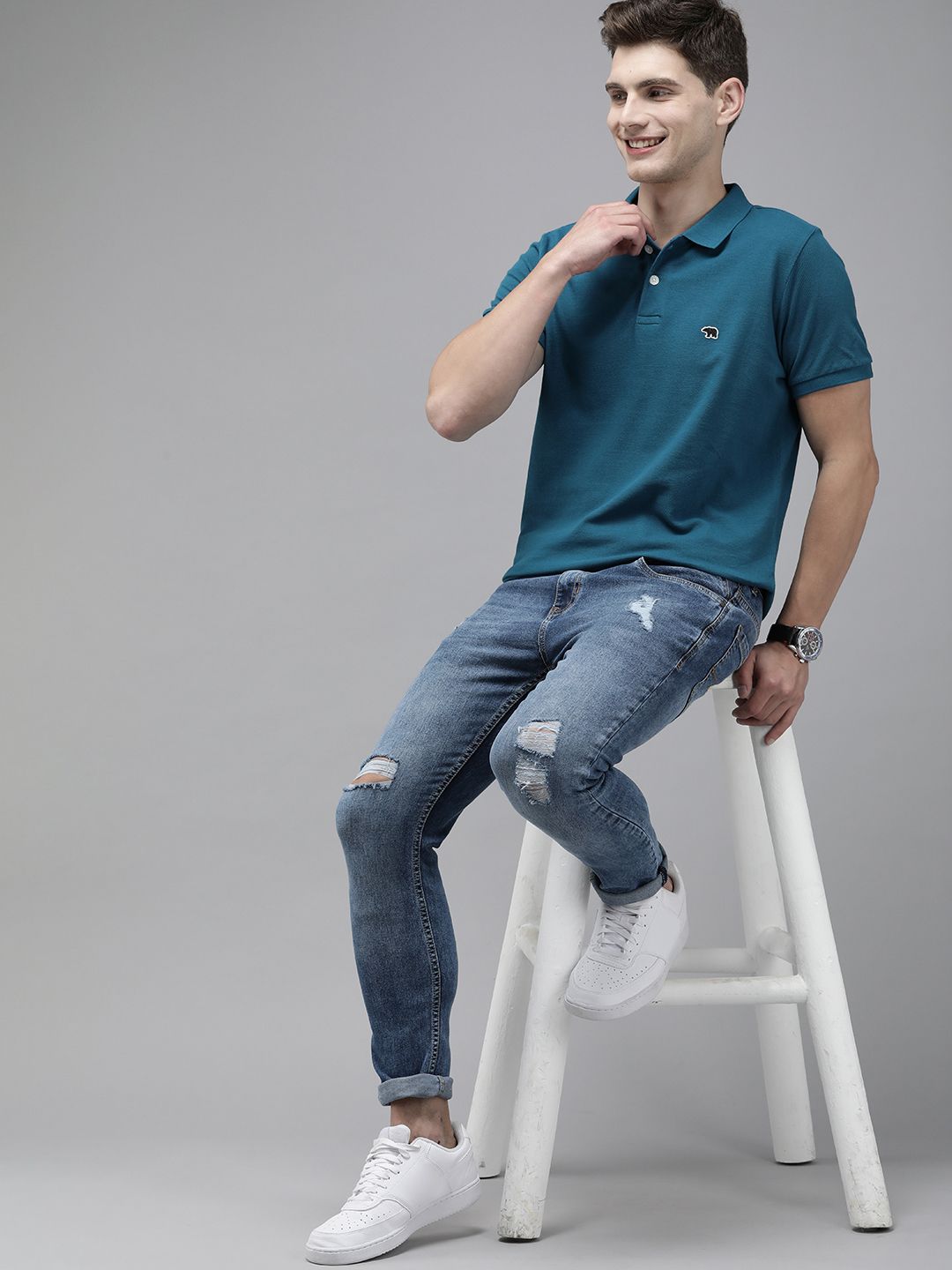 THE BEAR HOUSE Men Teal Blue Polo Collar Slim Fit Cotton Pure Cotton T-shirt