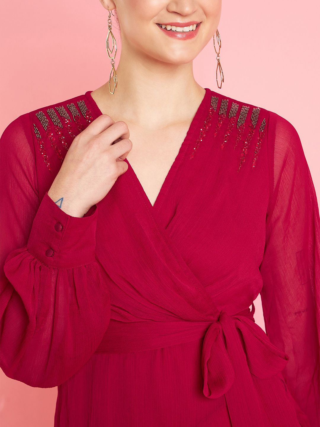 Antheaa Embellished Bell Sleeve Layered Chiffon Fit & Flare Party Dress