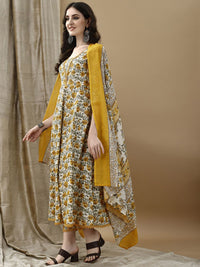 KALINI Floral Printed Pure Cotton Anarkali Kurta With Trousers & Dupatta