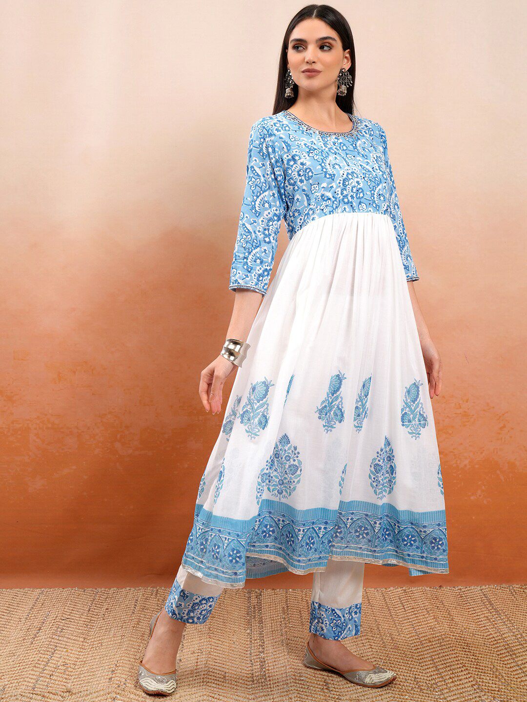 Vishudh White Printed Thread Work Pure Cotton Anarkali Kurta With Trousers & Dupatta