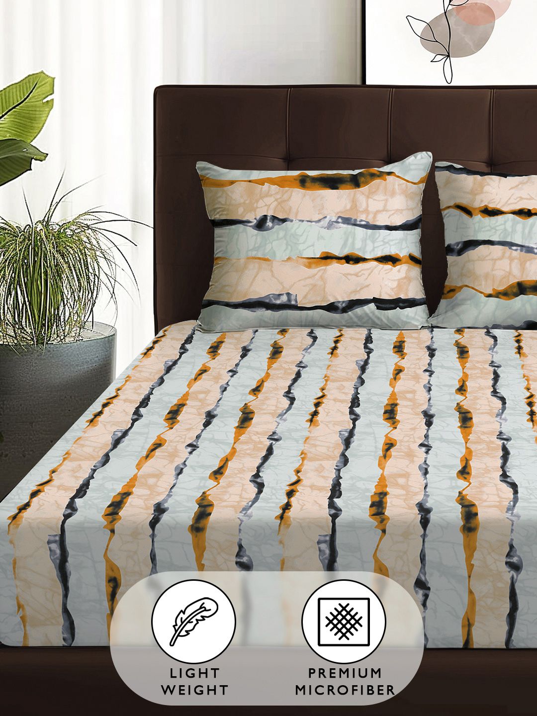 Story@home Arena Cream-Coloured & Grey Printed 180 TC Queen Bedsheet & 2 Pillow Covers
