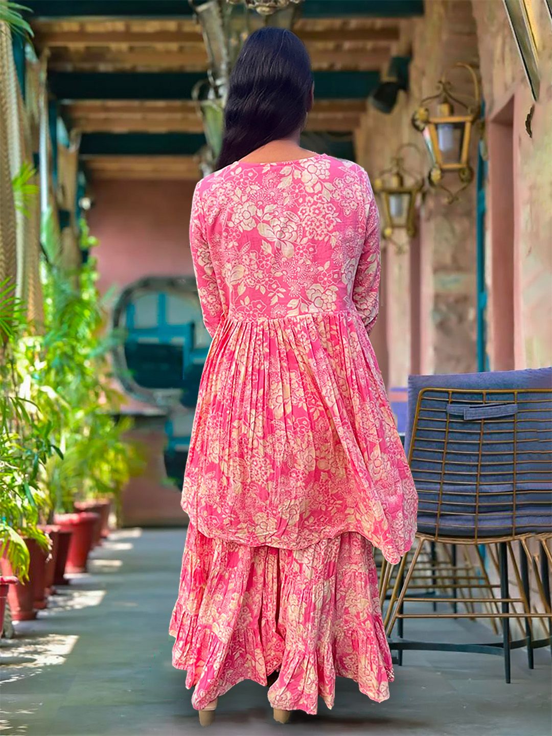 Varanga Floral Printed Mirror Work Anarkali Kurta With Sharara & Dupatta