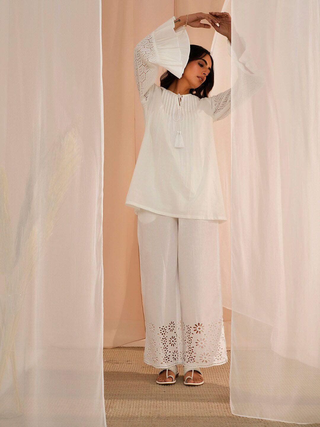 Libas Floral Schiffli Tie Up Neck Pure Cotton Tunic