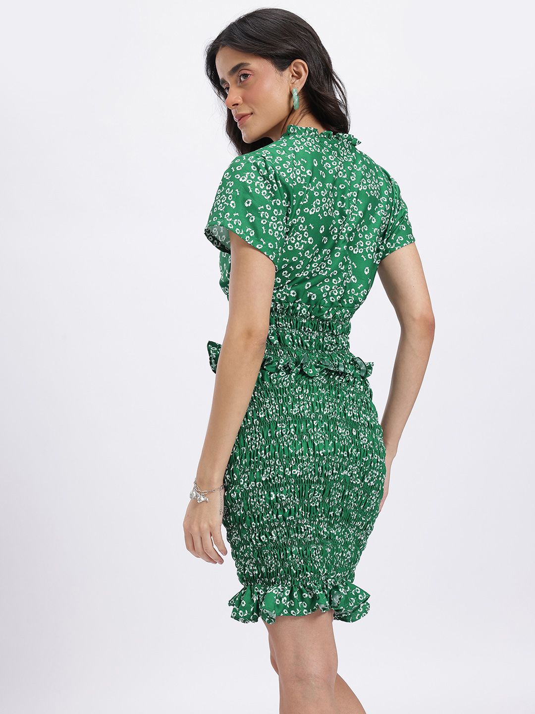 DressBerry Floral Print Smocked Ruffled Detail Cinched Waist Top with Peplum Skirt