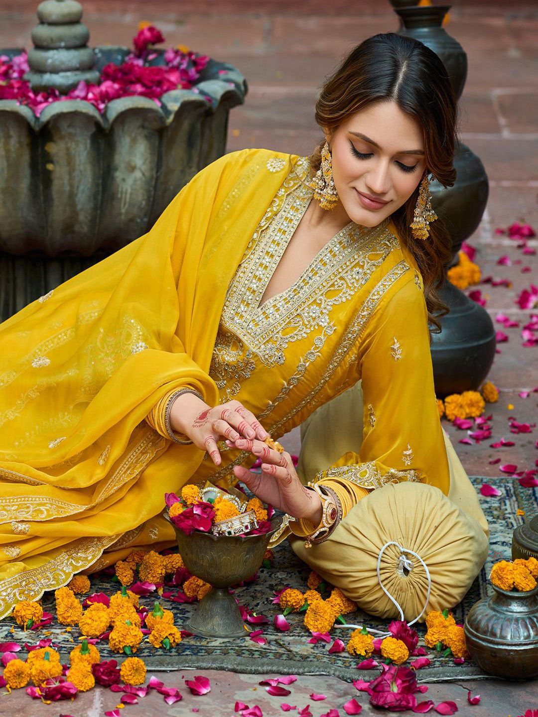 Indo Era Floral Embroidered V-Neck Zari Organza Kurta With Trousers And Dupatta