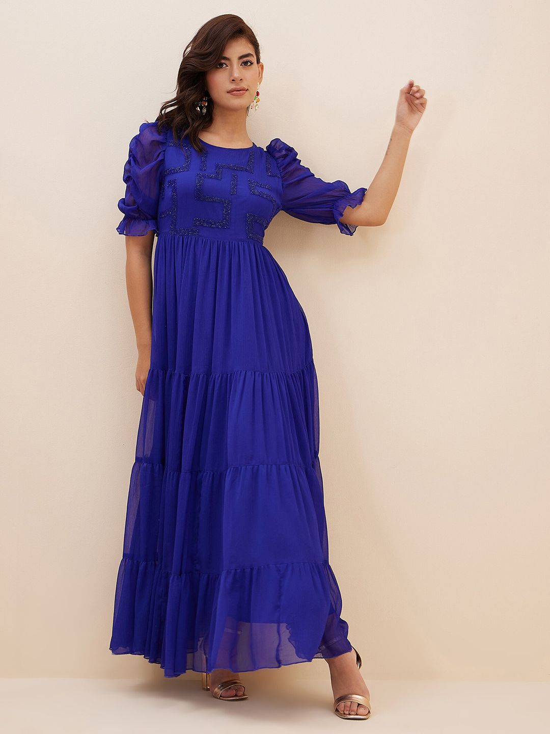 Antheaa Embellished Puff Sleeves Chiffon Fit and Flare Maxi Dress