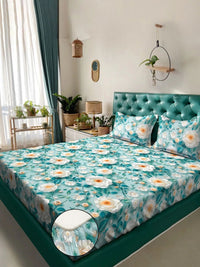 Myntra Elegant Homes Turquoise Blue Floral 400 TC Cadar dengan 2 Sarung Bantal