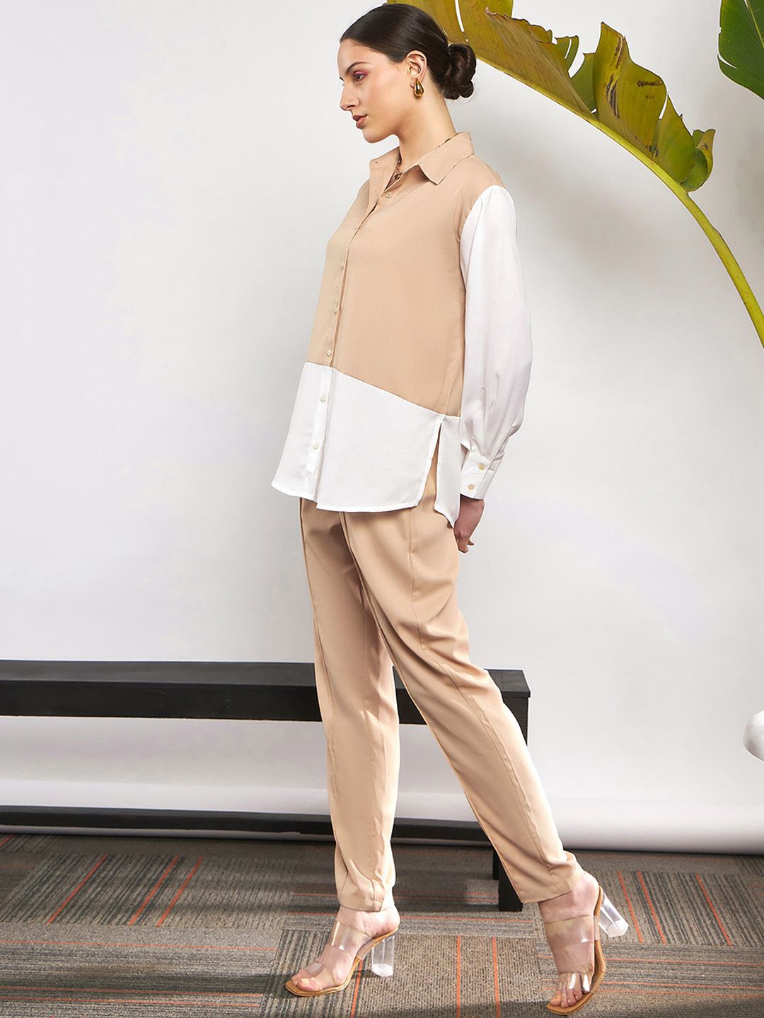SASSAFRAS Beige & White Colorblocked Shirt & Darted Trousers Co-ords