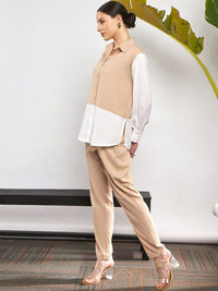 SASSAFRAS Beige & White Colorblocked Shirt & Darted Trousers Co-ords