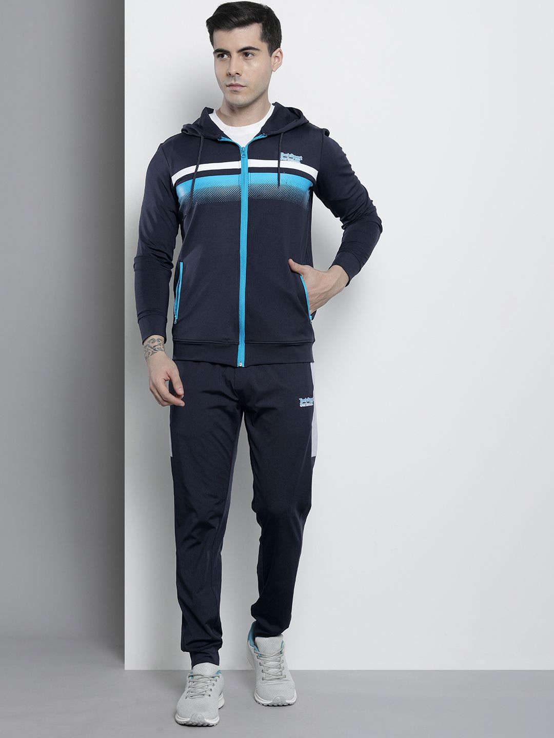 The Indian Garage Co Men Navy Blue Striped Sweatshirt with Joggers