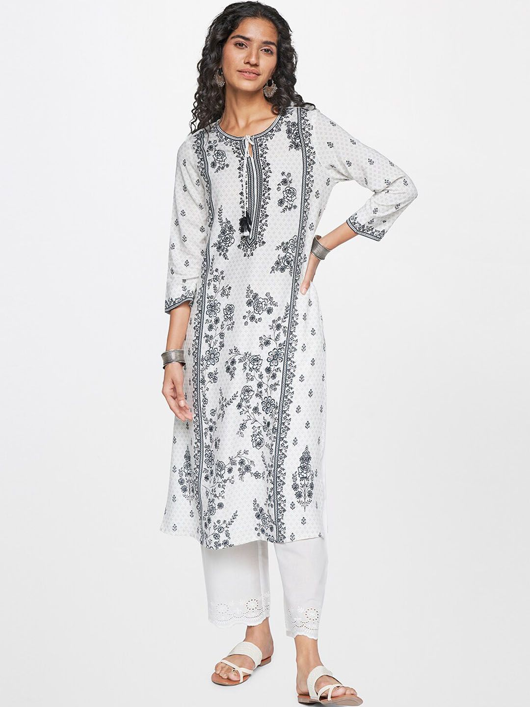 Global Desi Tie Up Neck Floral Printed Straight Kurta