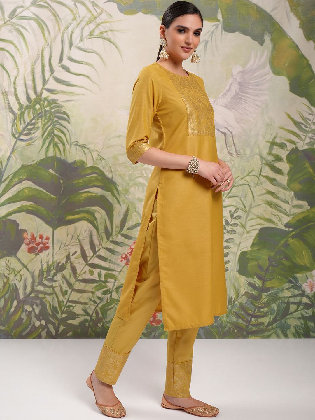 Vishudh Yellow Ethnic Motifs Yoke Design Straight Kurta With Trousers & Dupatta