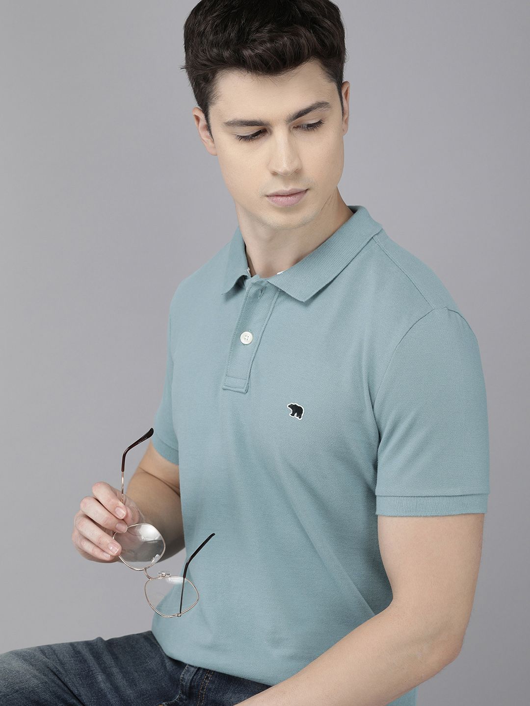 THE BEAR HOUSE Men Teal Polo Collar Slim Fit T-shirt