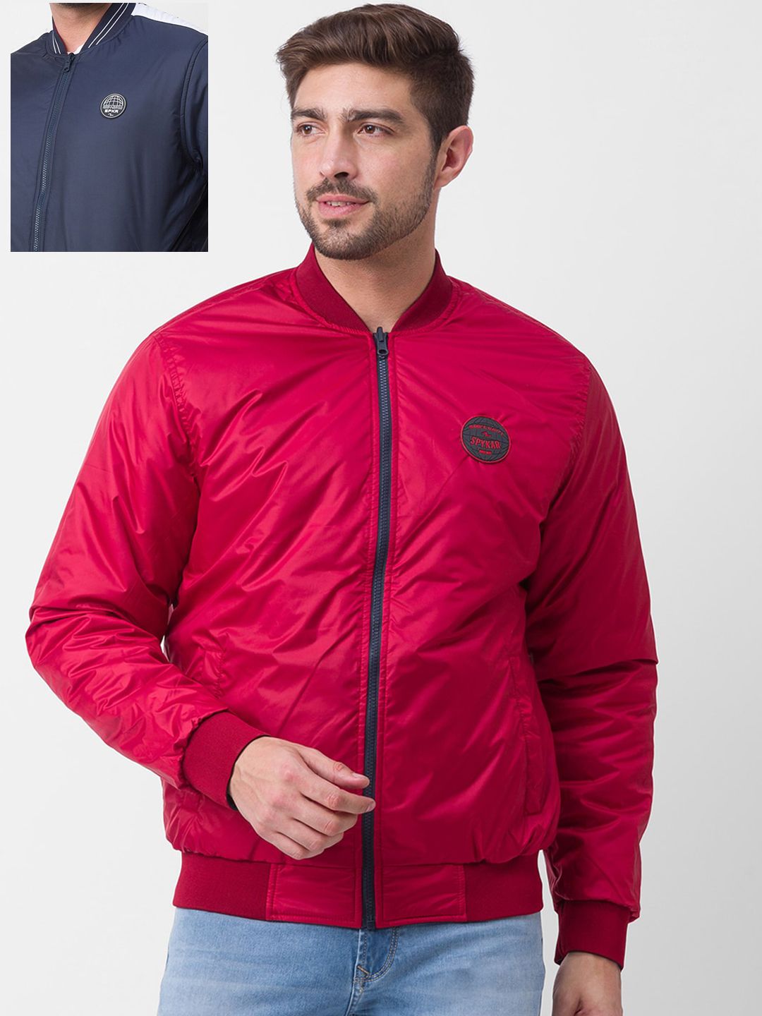SPYKAR Men Navy Blue & Red Reversible Padded Jacket