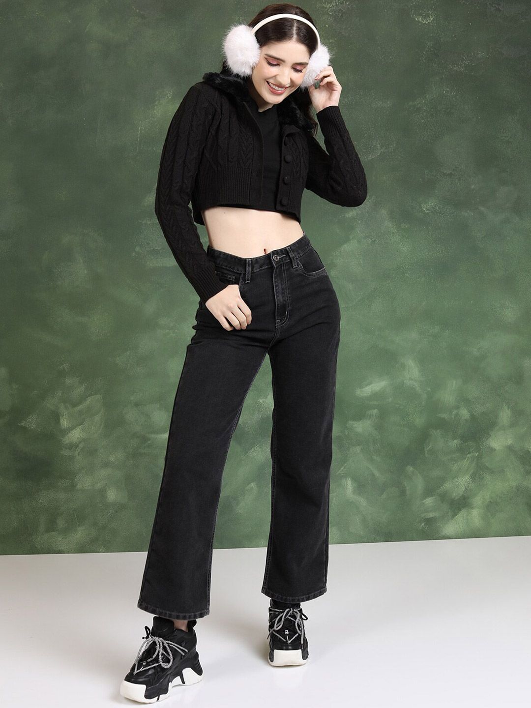 Tokyo Talkies Black Cable Knit Lapel Collar Acrylic Crop Cardigan