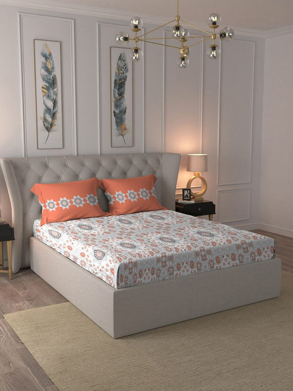 MYTRIDENT Grey  White Floral Pure Cotton 144 TC Queen Bedsheet With 2 Pillow Covers