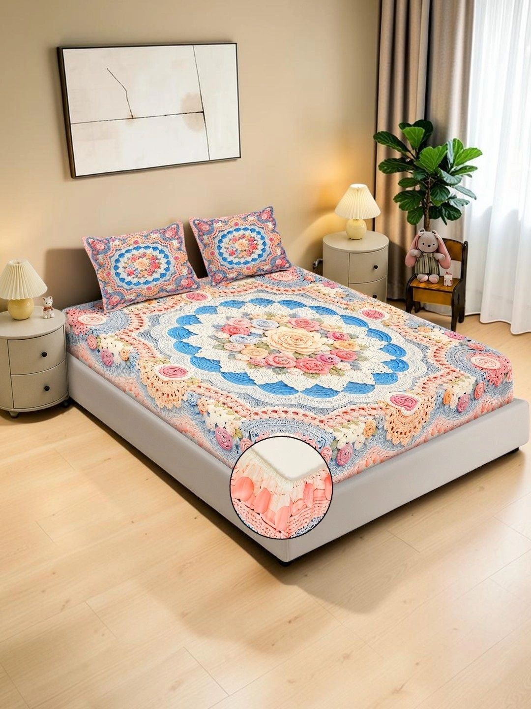 KLOTTHE White & Pink Floral 400 TC King Bedsheet with 2 Pillow Covers