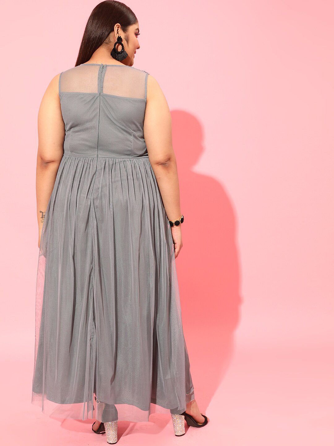 CURVY STREET Grey Plus Size Embellished Net Maxi Dress