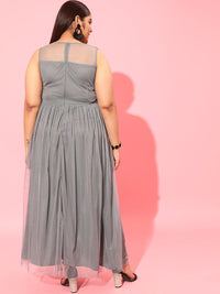 CURVY STREET Grey Plus Size Embellished Net Maxi Dress
