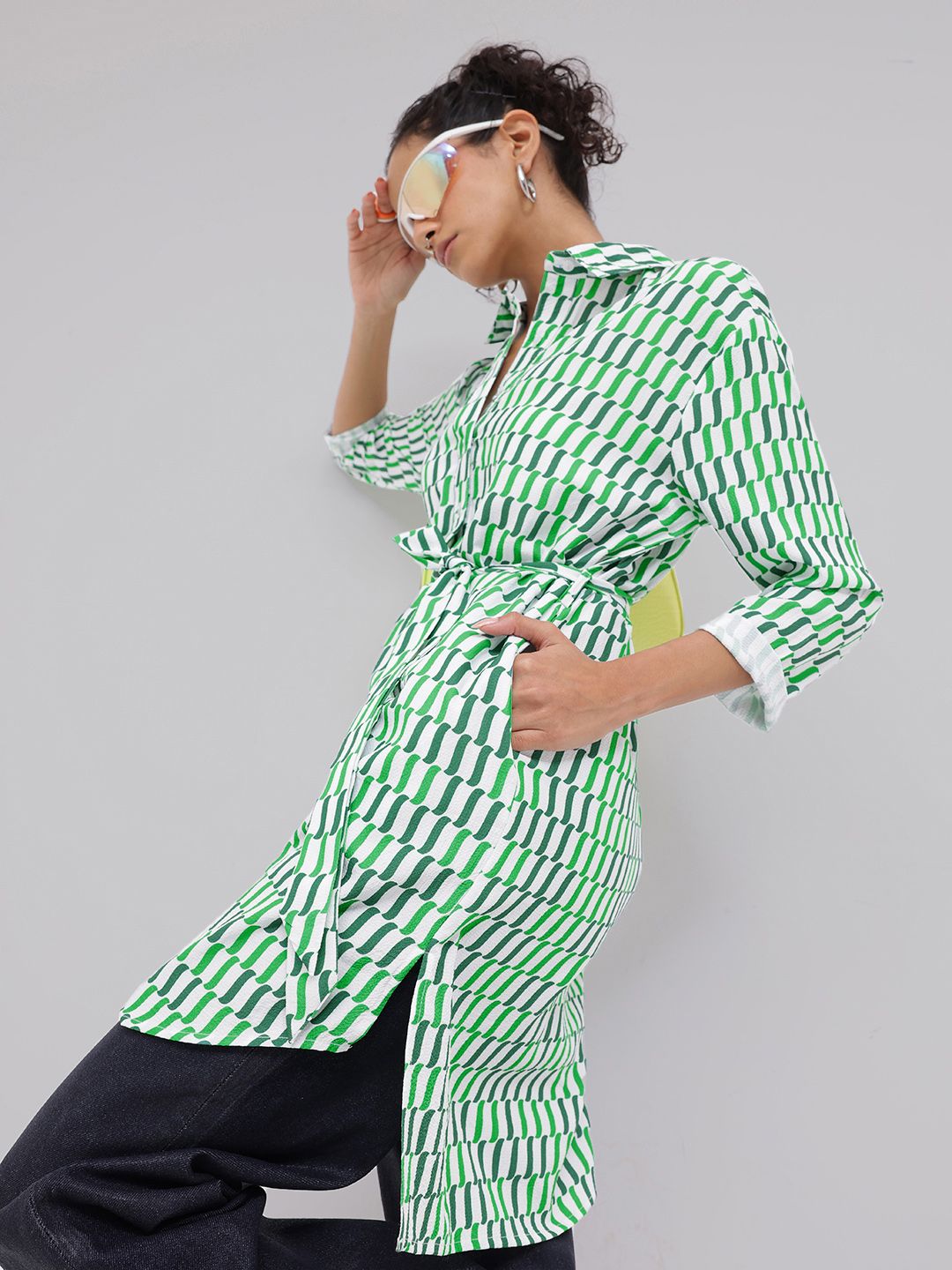 DressBerry Artistic Flair Printed Shirt Style Longline Top