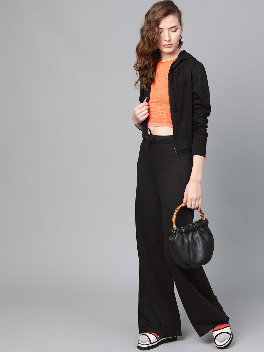 SASSAFRAS Women Black Regular Fit Solid Wide Leg Track Pants