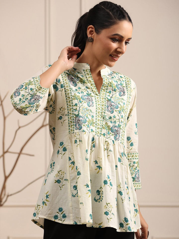 Rain & Rainbow Floral Printed Mandarin Collar Pure Cotton A-Line kurti
