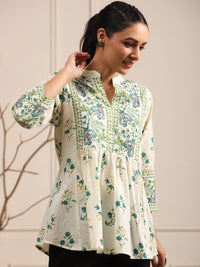 Rain & Rainbow Floral Printed Mandarin Collar Pure Cotton A-Line kurti