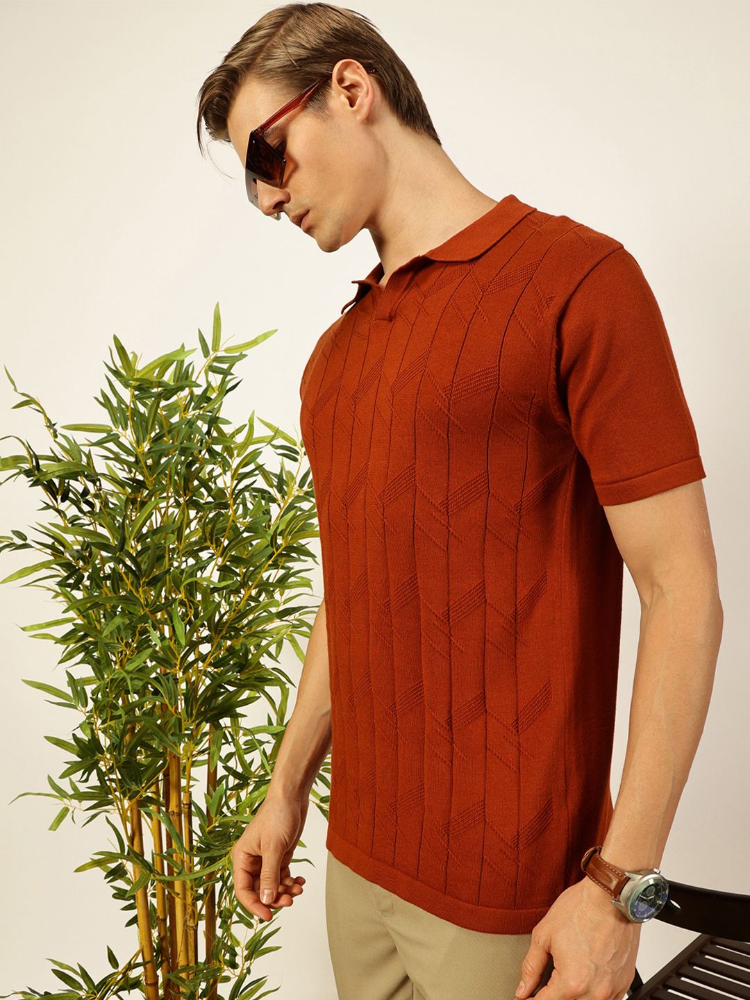 Thomas Scott Men Self Design Regular Fit Knitted Polo T-shirt