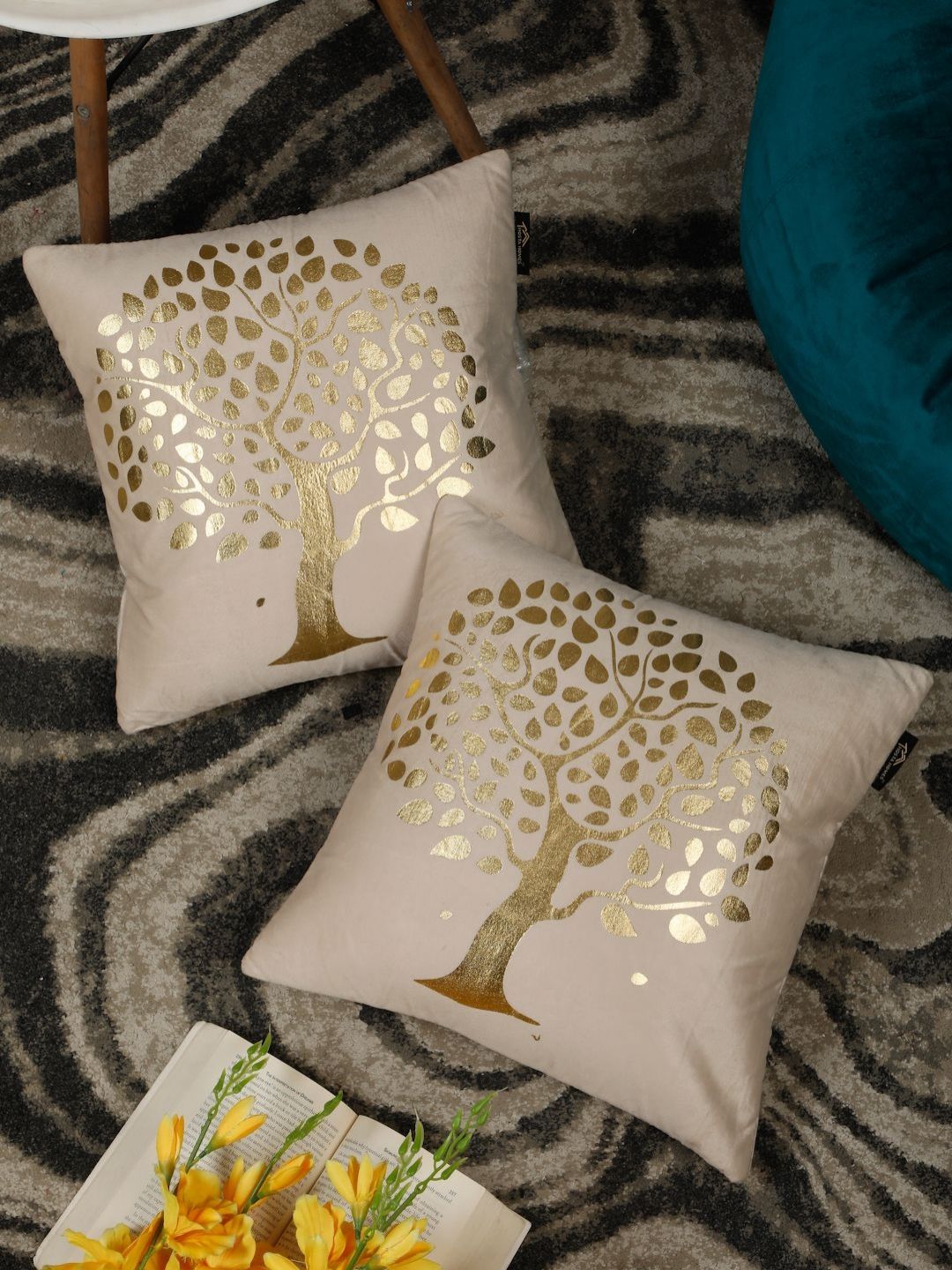 HOSTA HOMES Cream-Coloured & Gold-Toned Set of 2 Velvet Square Cushion Covers