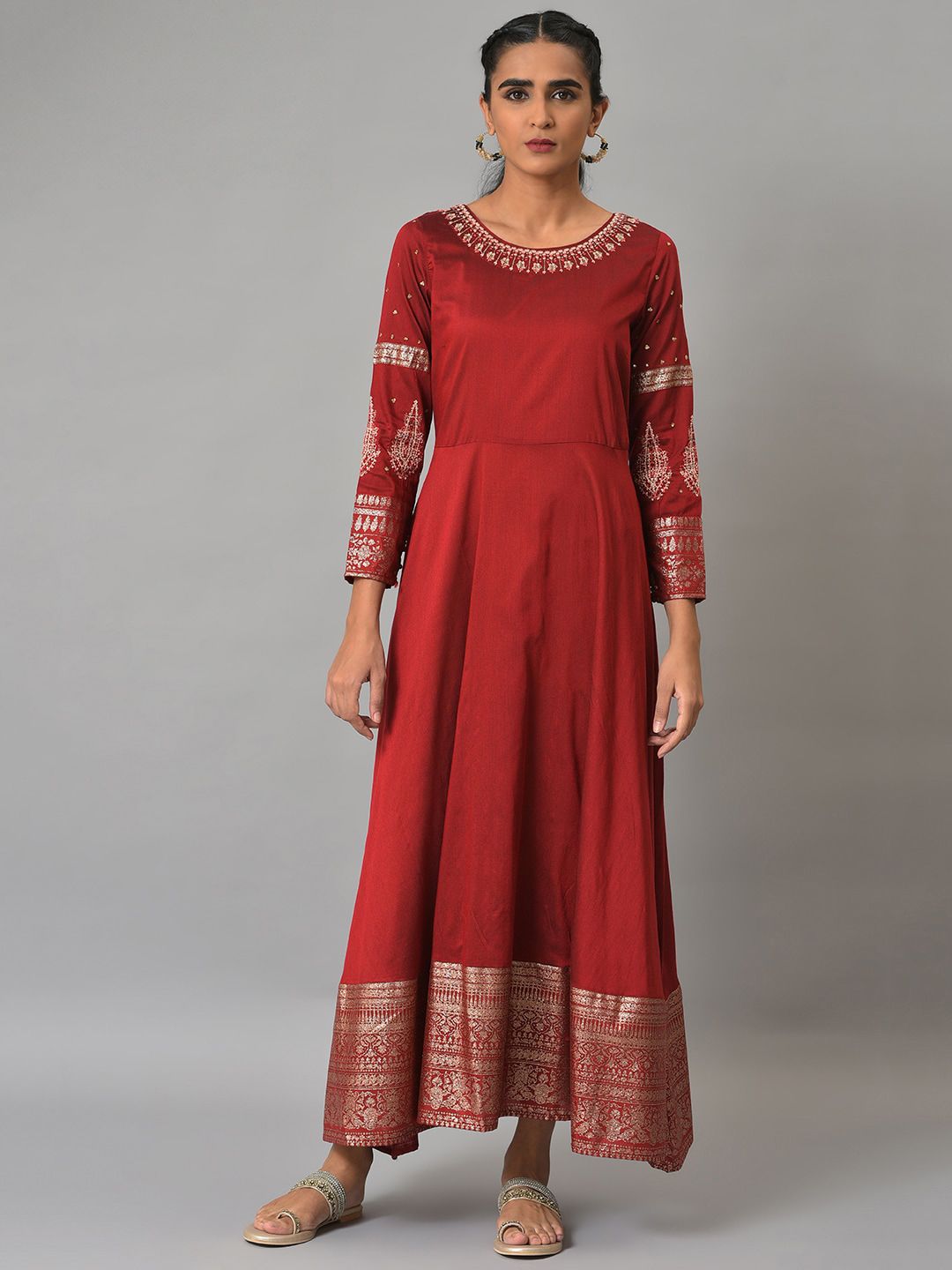 W Red Embellished Fit & Flare Maxi Ethnic Dress