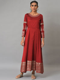 W Red Embellished Fit & Flare Maxi Ethnic Dress