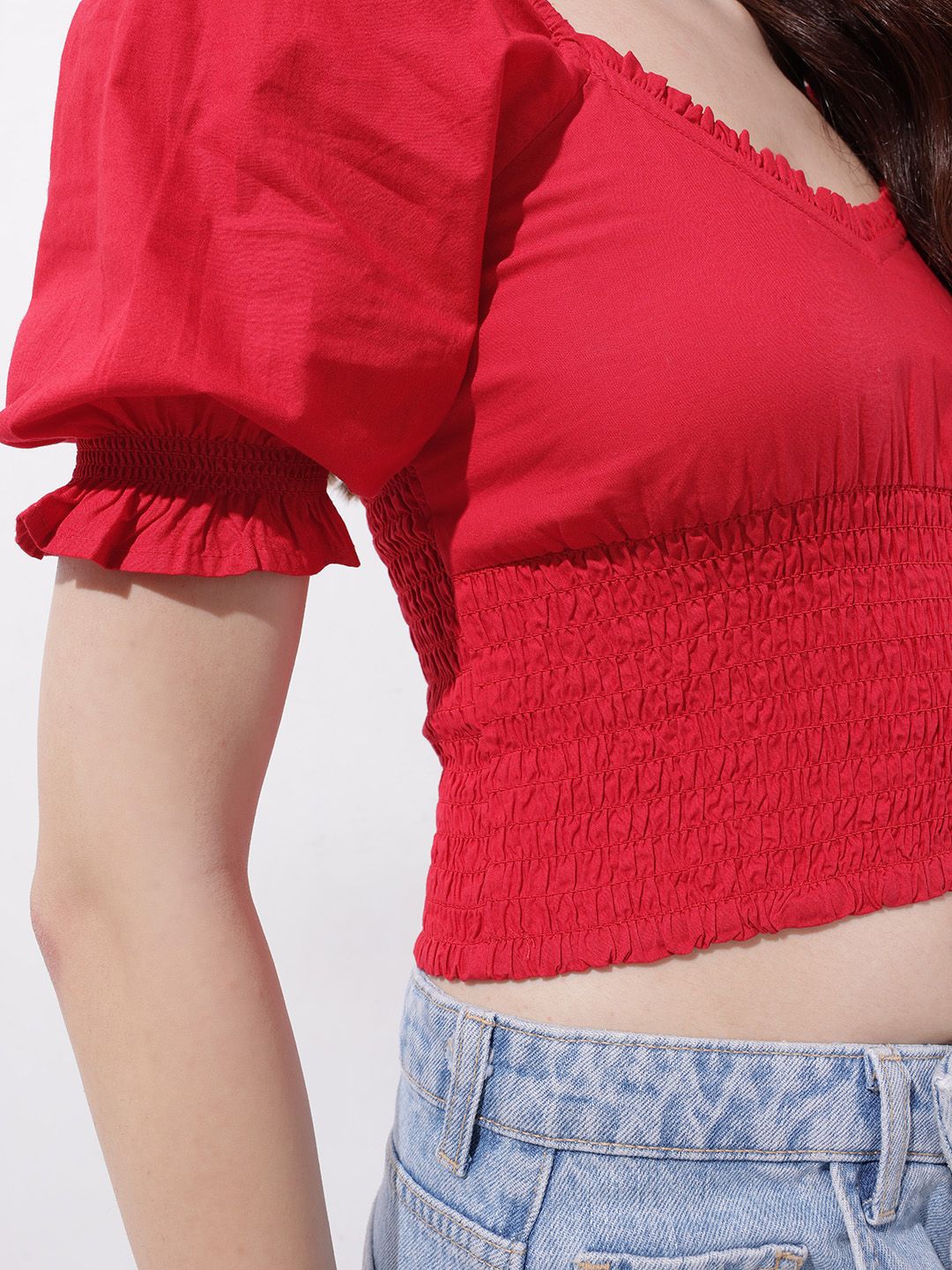 DressBerry Cherry Red Date Night Diva Smocked Crop Top