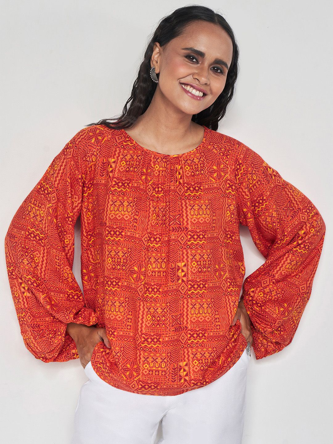 Global Desi Abstract Printed Puff Sleeves Top