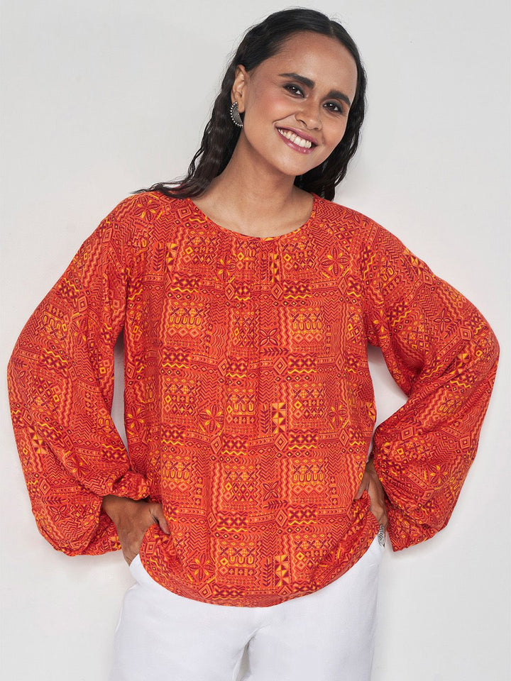 Global Desi Abstract Printed Puff Sleeves Top