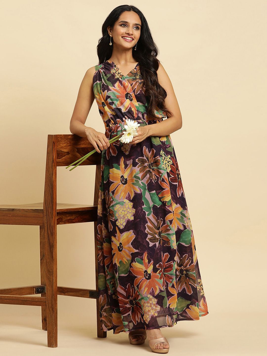 W Floral Print V-Neck Sleeveless Maxi Dress