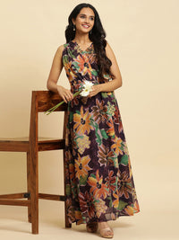 W Floral Print V-Neck Sleeveless Maxi Dress