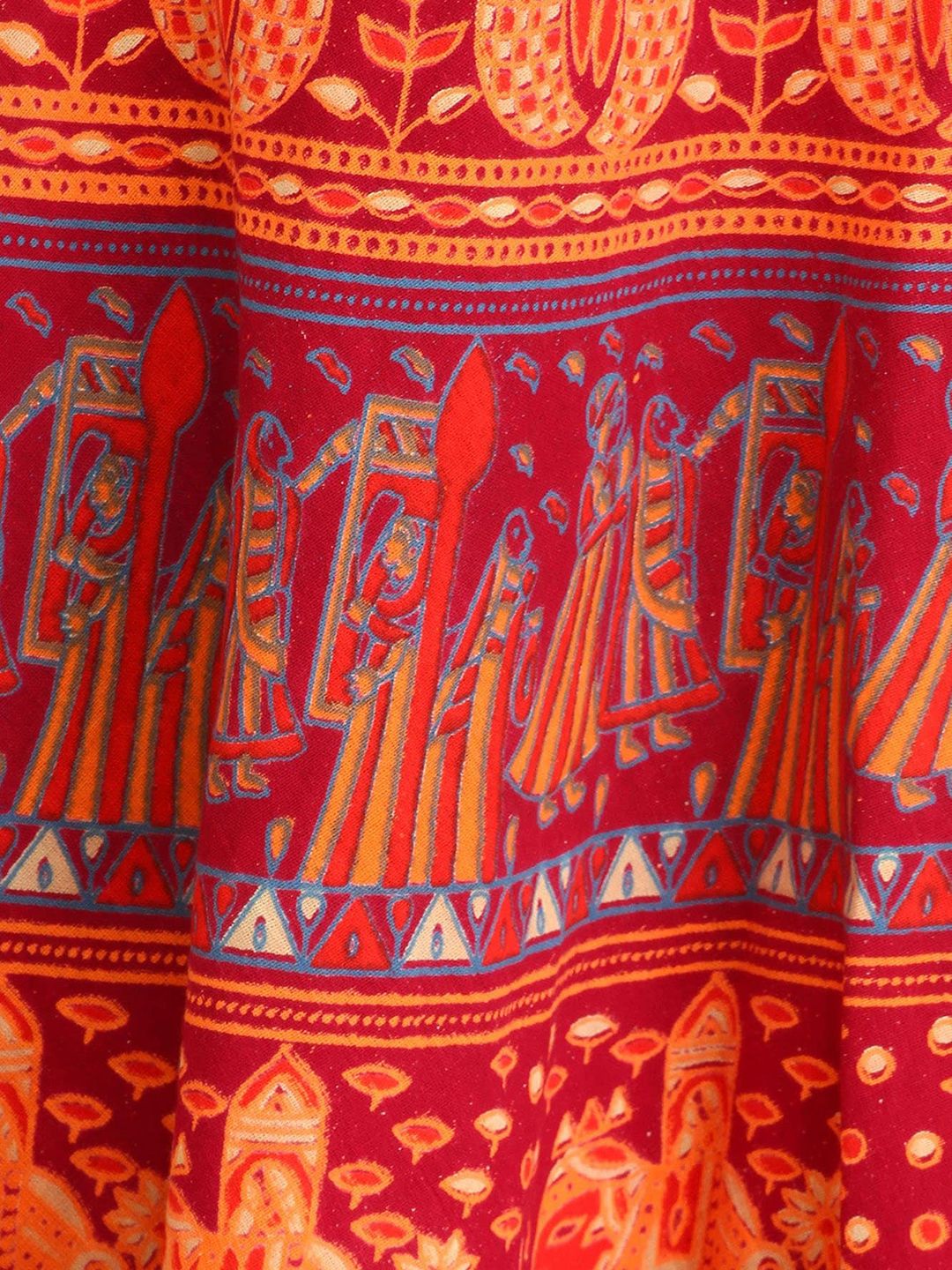 Exotic India Wrap-Around Mauve Wine Long Skirt with Printed Wedding Scenes