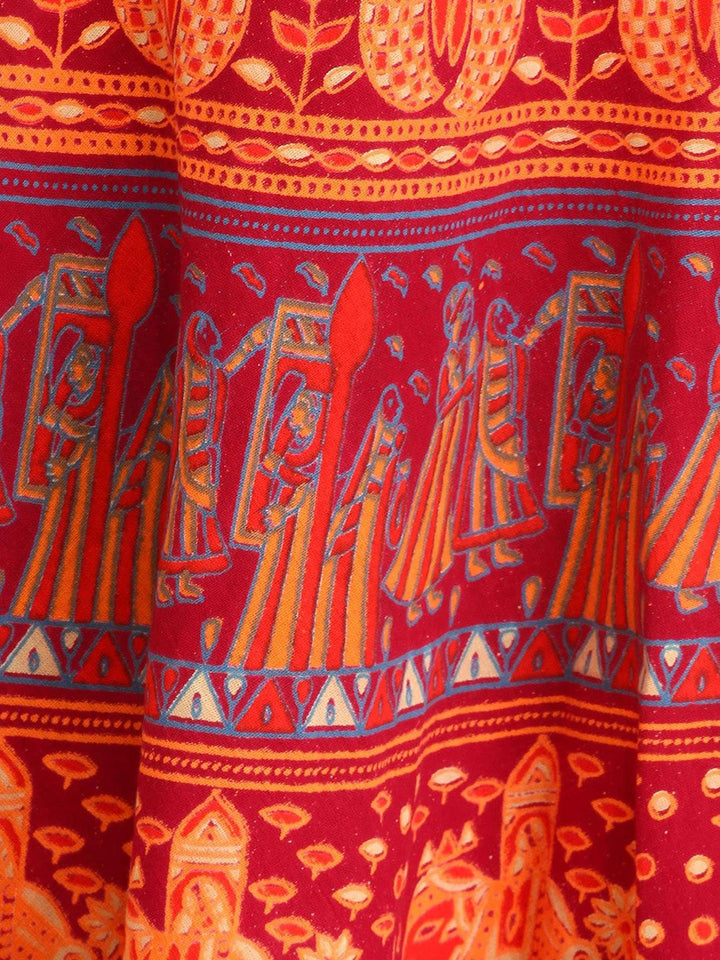 Exotic India Wrap-Around Mauve Wine Long Skirt with Printed Wedding Scenes