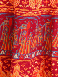 Exotic India Wrap-Around Mauve Wine Long Skirt with Printed Wedding Scenes