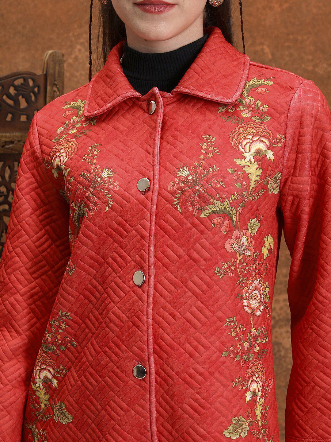 Vishudh Floral Printed Spread Collar Longline Tailored Jacket