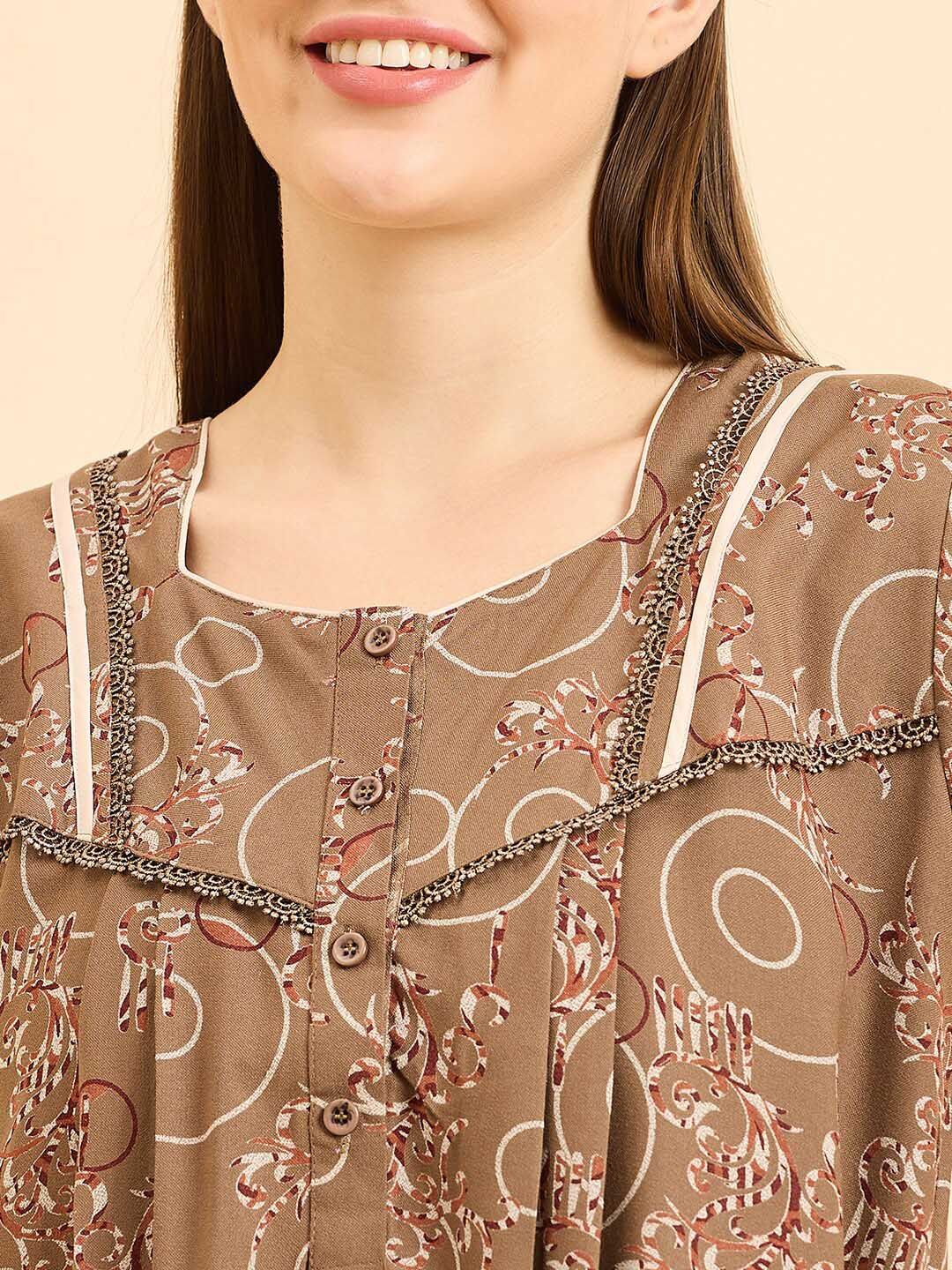 Sweet Dreams Brown Pure Cotton Printed Maxi Nightdress